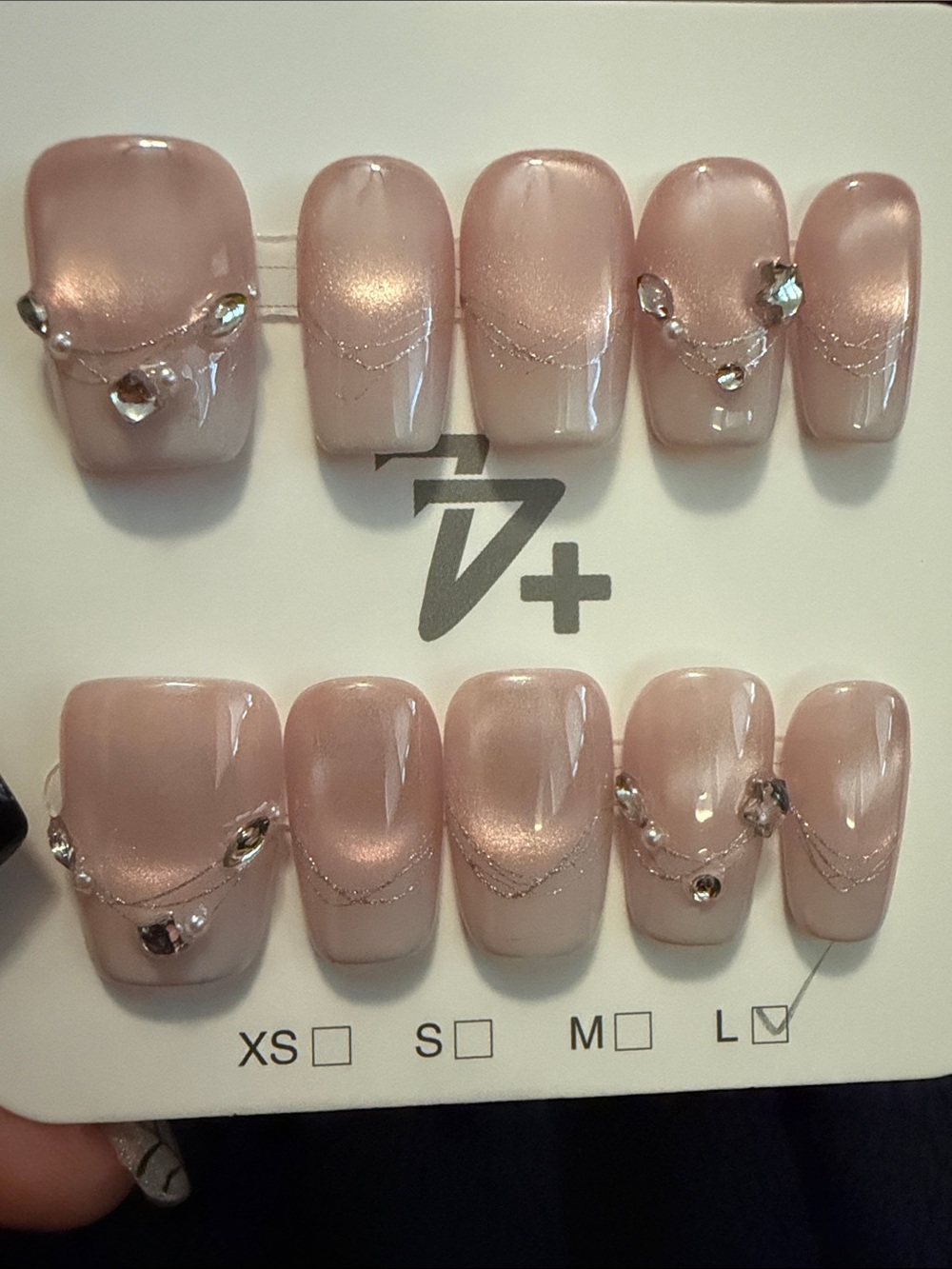 Elegant cateye Nude Pink handmade acrylic Press-On Nails with Rhinestone Accent